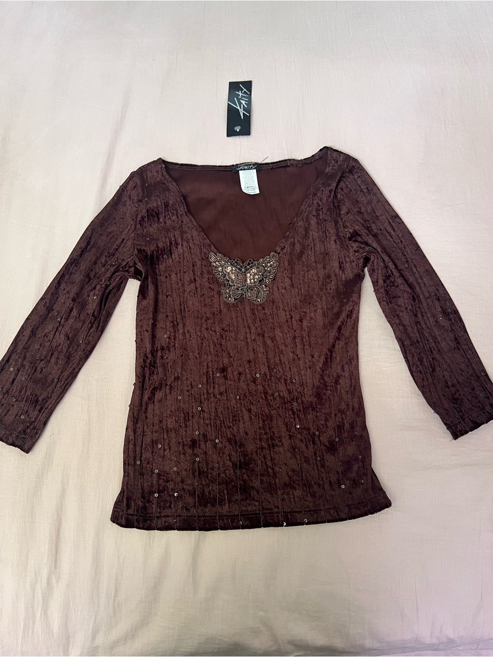 Vintage Y2K Fairy Whimsigoth Brown Velvet Long-Sleeve Top with Butterfly